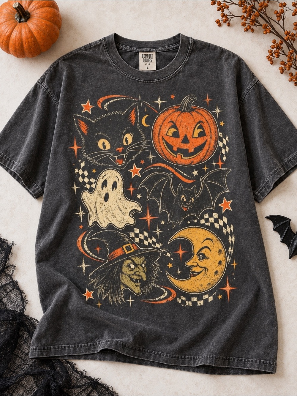 Halloween Icons Shirt Pumkpin Witch Cat Moon Comfort Color Graphic Tee - Picture 2 of 7